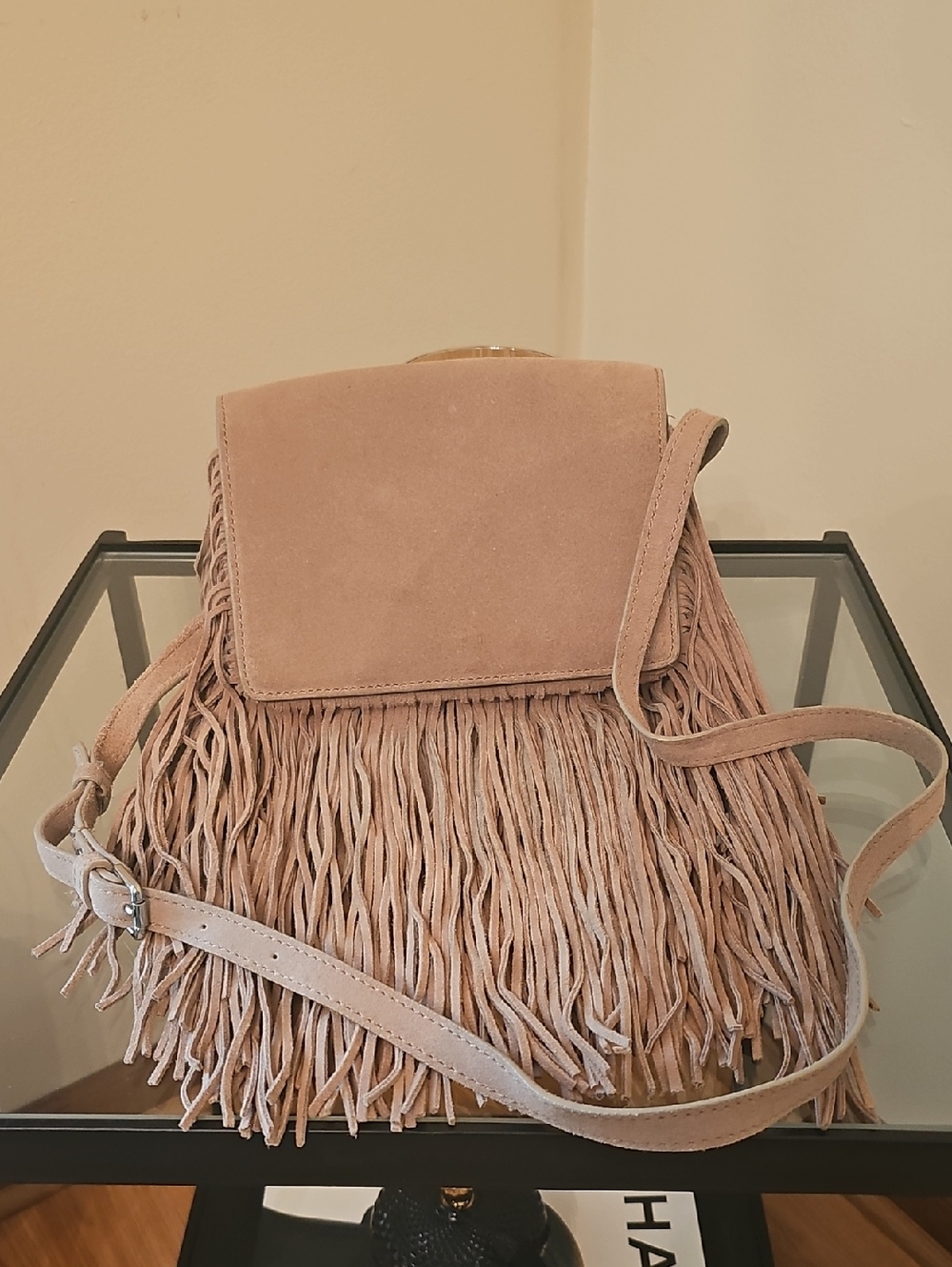 Womens Fringe Suede Crossbody Bag Tan Color